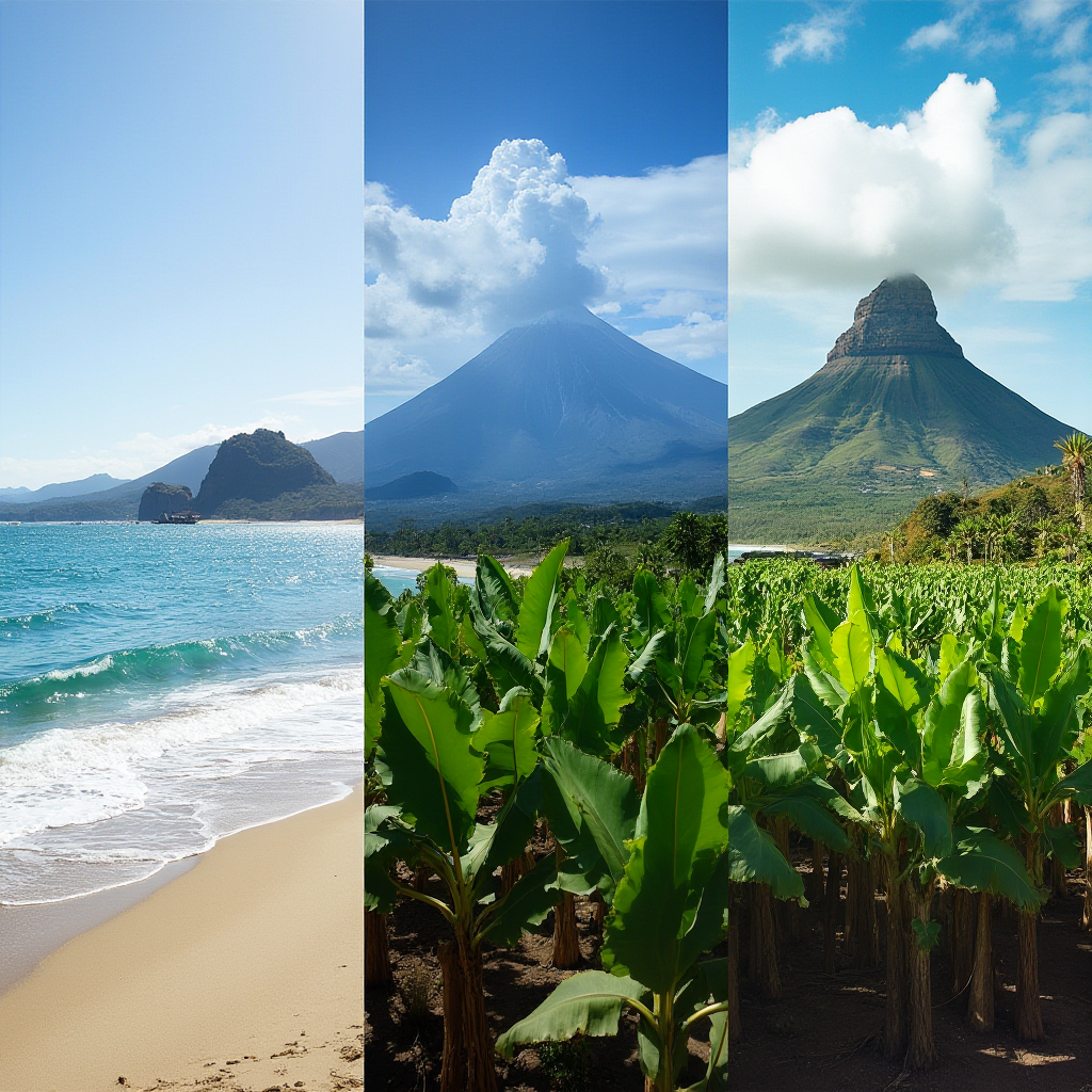 Porównanie krajobrazów La Palmy: plaża, plantacja bananów i górski szczyt, tryptyk w formie panoramicznego kadru