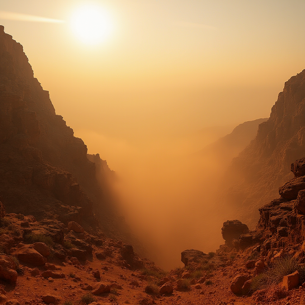 Pustynny pył unoszący się nad kamienistym krajobrazem La Palmy, kadr z dominacją pomarańczowych i złotych tonów, widok pod słońce
