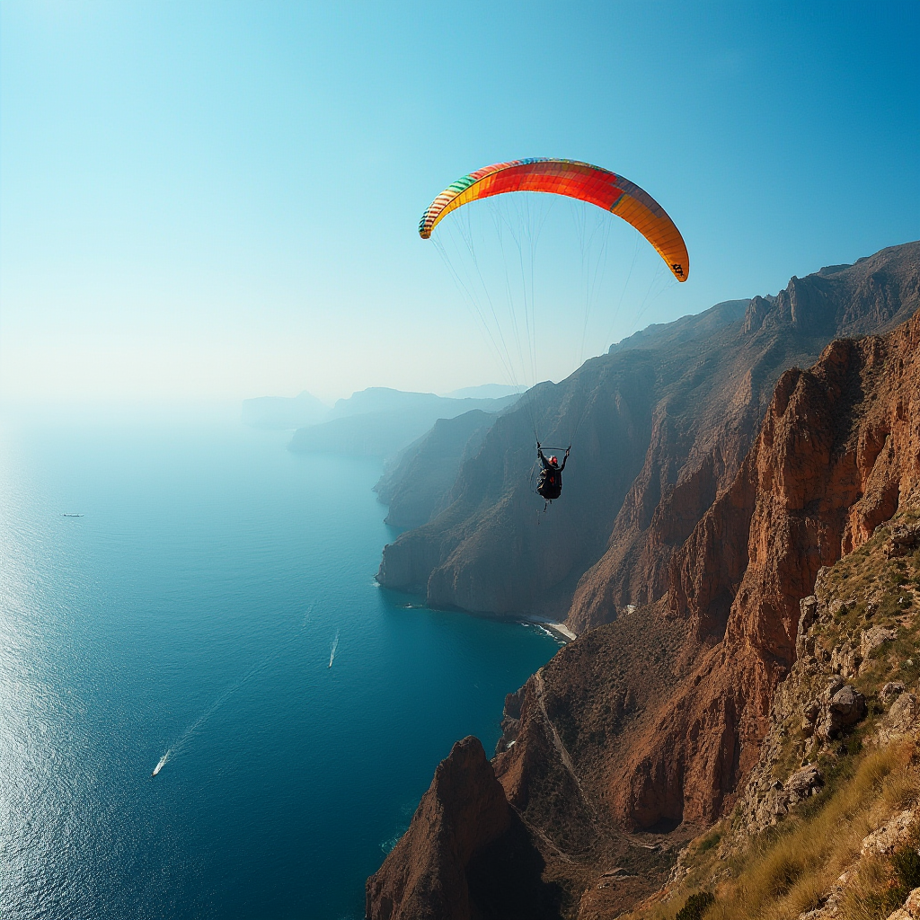 Kolorowe paralotnie unoszące się nad klifem La Palmy, widok z góry na ocean, kadr pod kątem 45 stopni