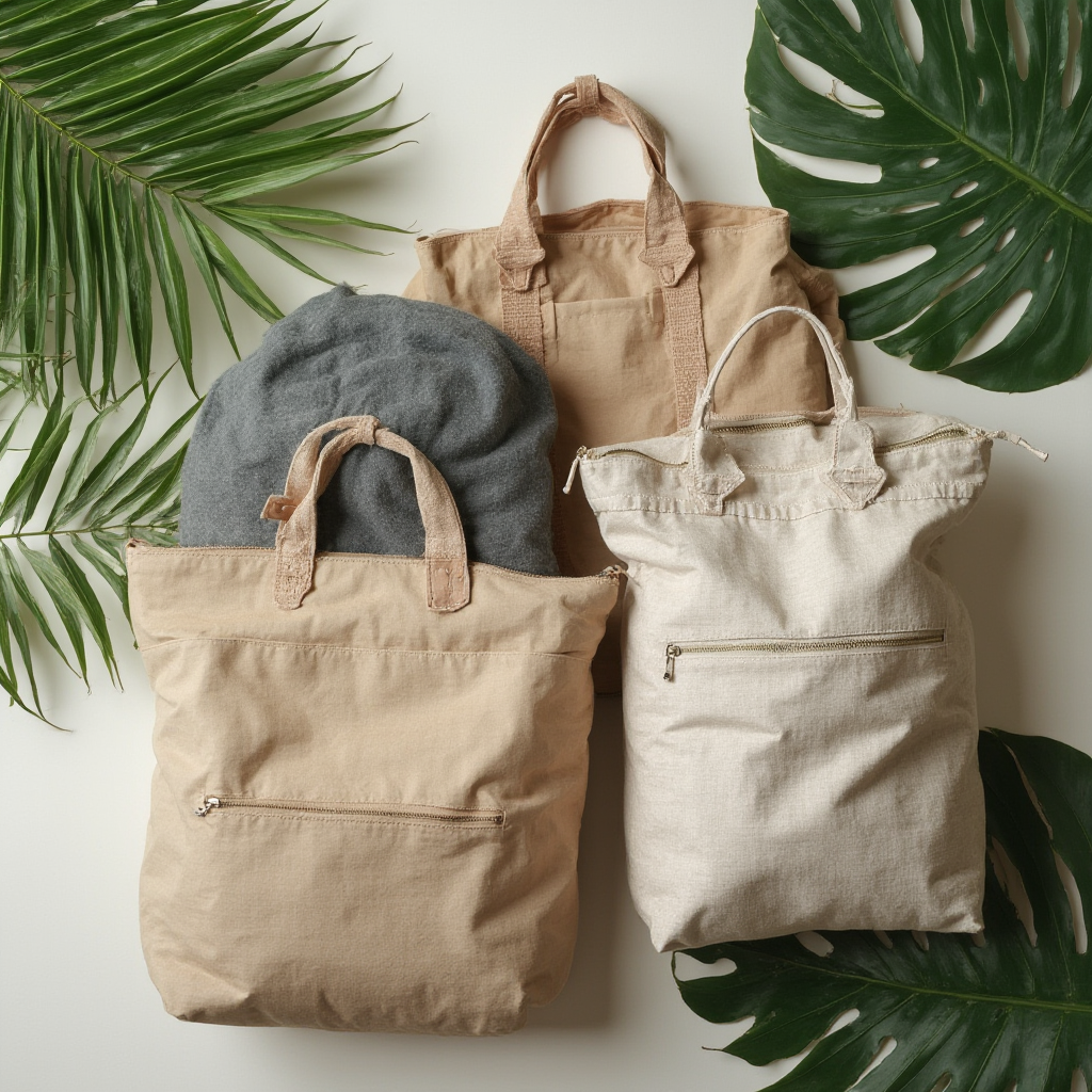 Ekologiczne torby podróżne z rozłożonymi rzeczami do pakowania, naturalne tło z liśćmi palmowymi, styl flat lay