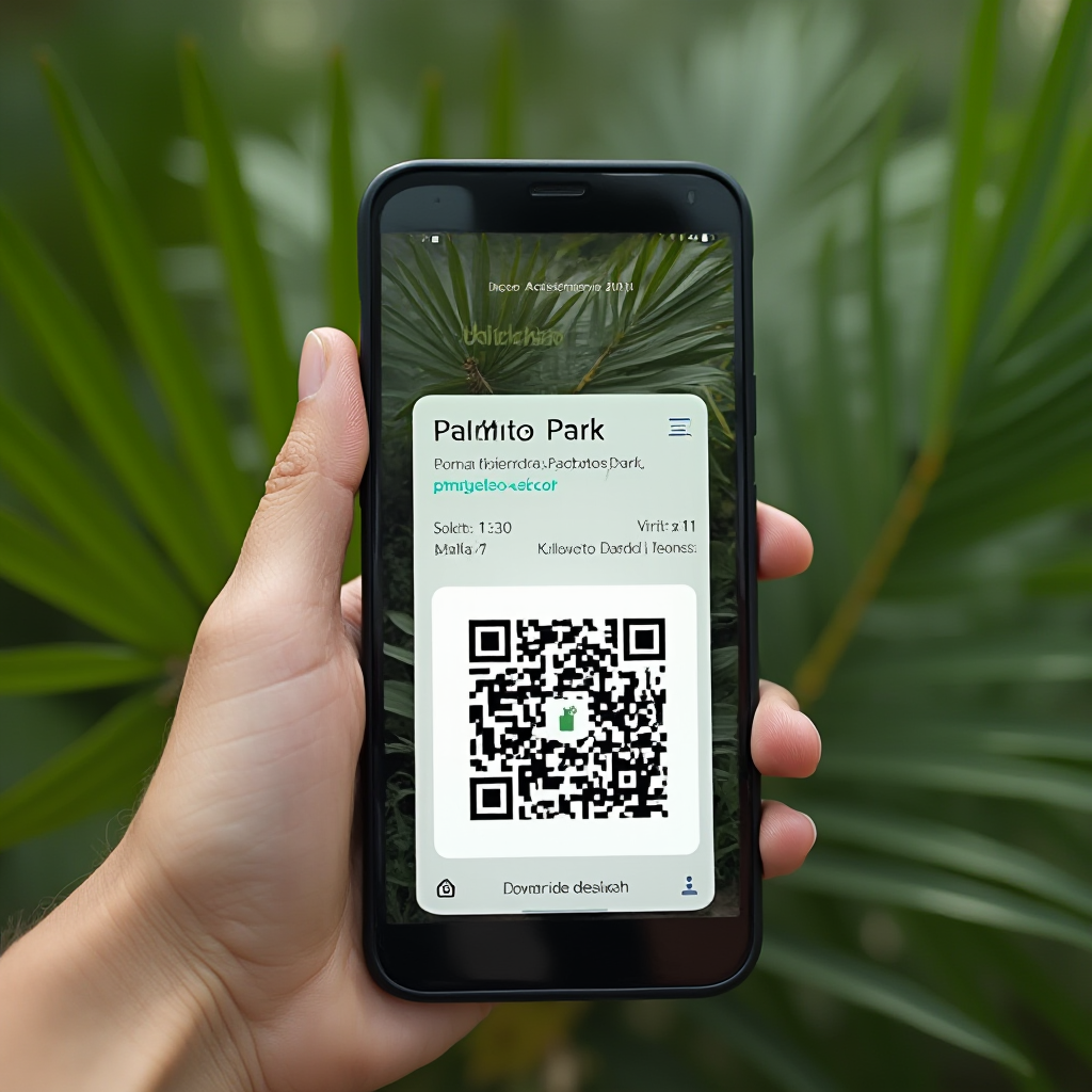 Ekran smartfona z otwartym biletem elektronicznym do Palmitos Park na tle liści palmowych. Kadr makro z ostrością na kod QR, tło rozmyte z zarysem roślinności.