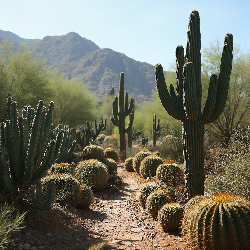 Ogród kaktusów w Palmitos Park z okazami o różnych kształtach i rozmiarach, od małych kul po kolumnowe kaktusy saguaro. Kadr ukośny z dominantą ciemnozielonego kaktusa na pierwszym planie i górzystym tłem.