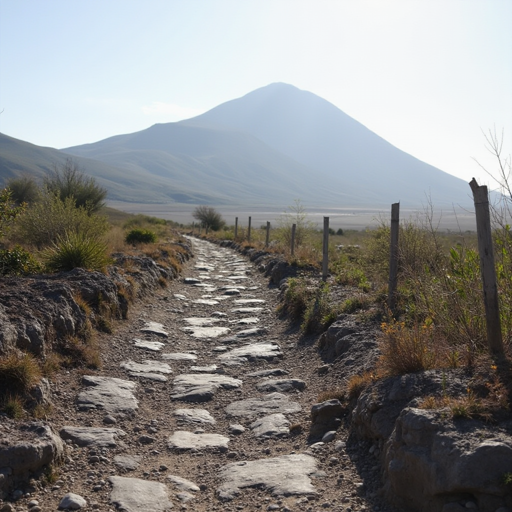 Kamienista ścieżka na tle wulkanu Calderón Hondo, wyraźne oznaczenia szlaku, w tle widok na równinę z pojedynczymi krzewami