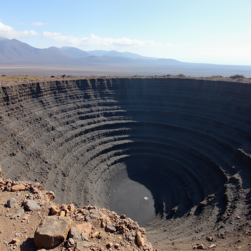 Widok z krawędzi krateru Calderón Hondo, głęboki lej wulkaniczny z warstwami skał, w tle pasmo górskie Fuerteventury