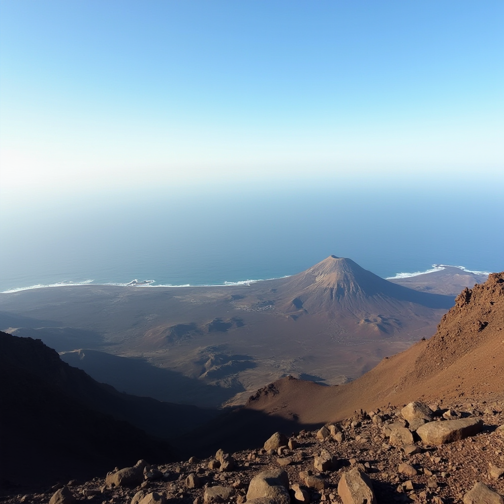 Szeroka panorama północnej Fuerteventury widziana z Calderón Hondo, pokazująca sąsiednie wulkany i linię brzegową
